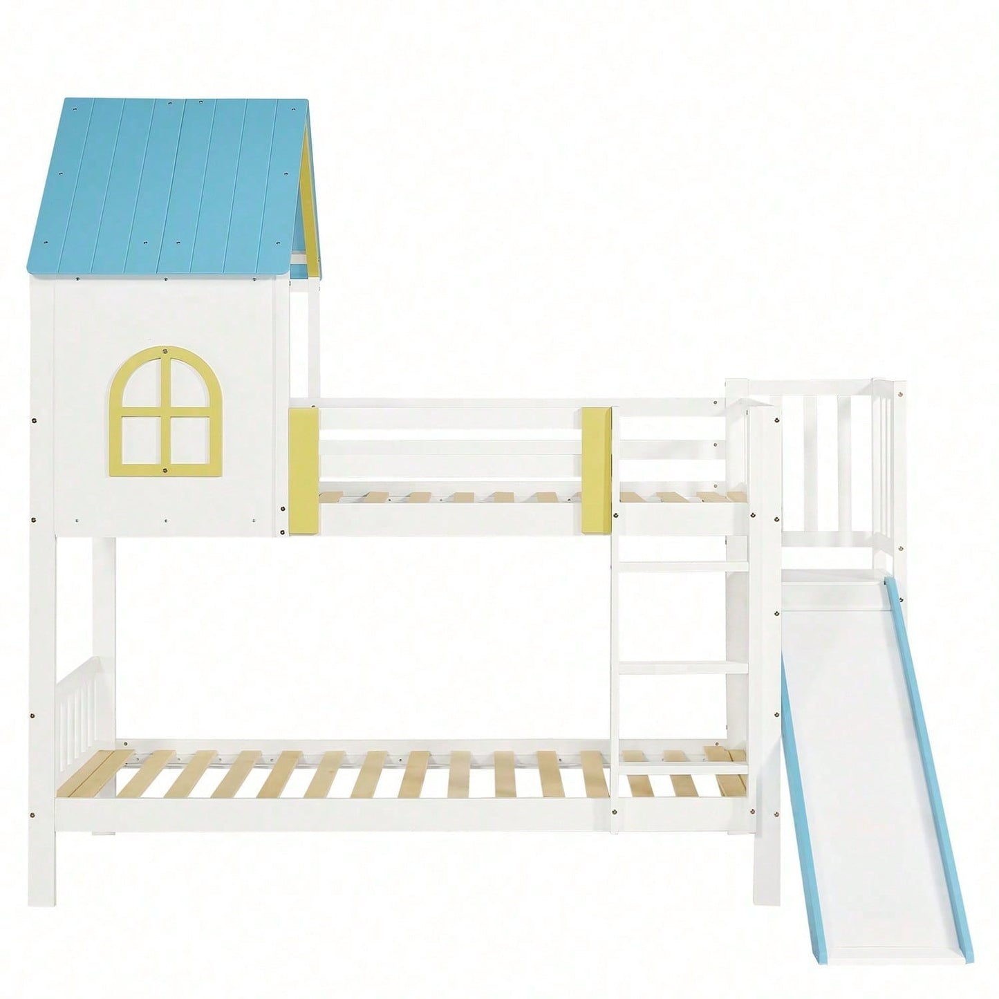 Etagenbett, Hausbett, Kinderbett, Kinderbett mit Dach und Fenster, mit Fallschutz und Gitter, mit dreistufiger Leiter, mit Rutsche, Kiefer+MDF, Weiß+Blau, 90x200cm