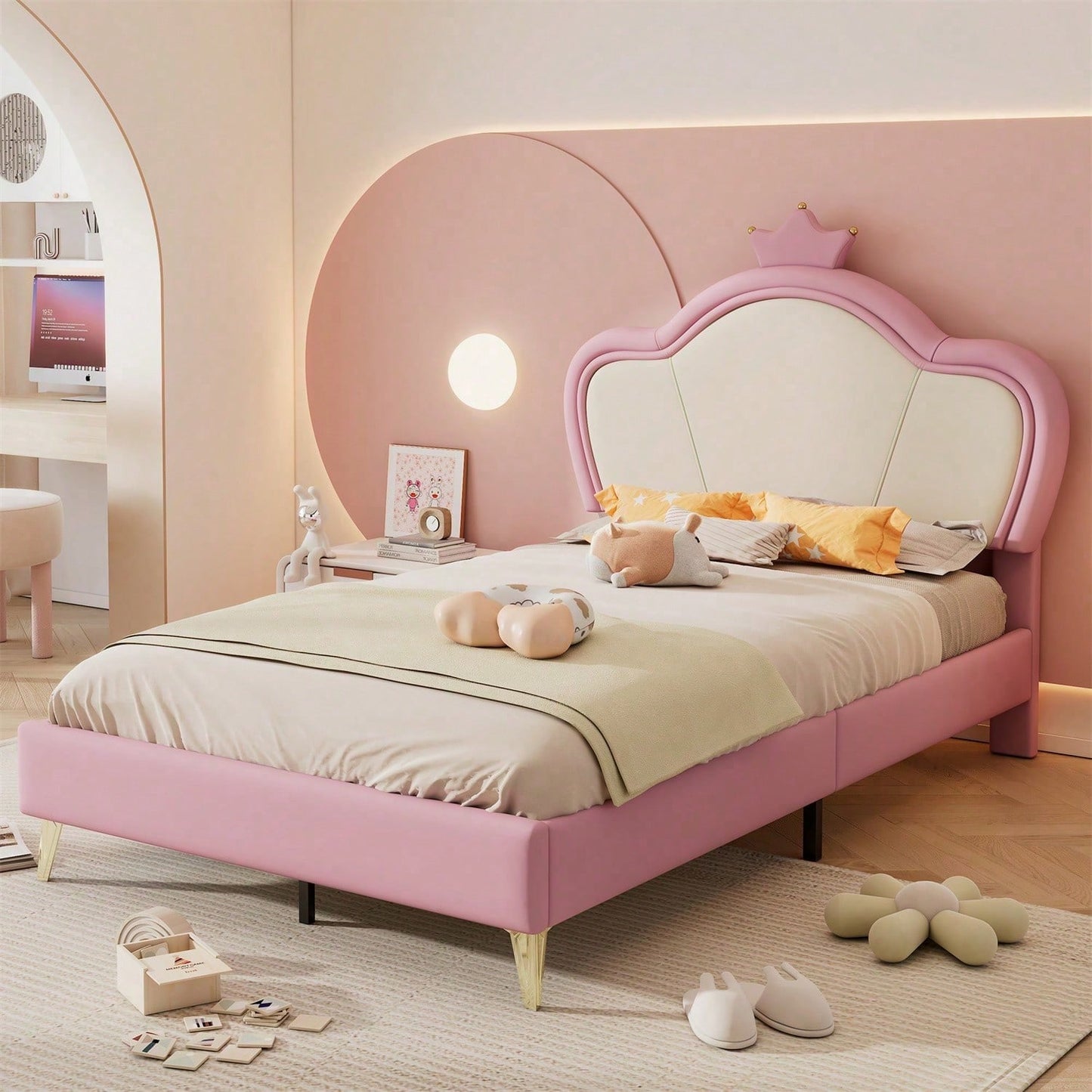 Polsterbett, Kinderbett, mit weichen Schutzkanten, Kopfteil mit Krone, Bettfüße aus Metall, Elegantes gepolstertes Kopfteilprofil, Einzelbett, PU, Rosa+Weiß, 90x200cm