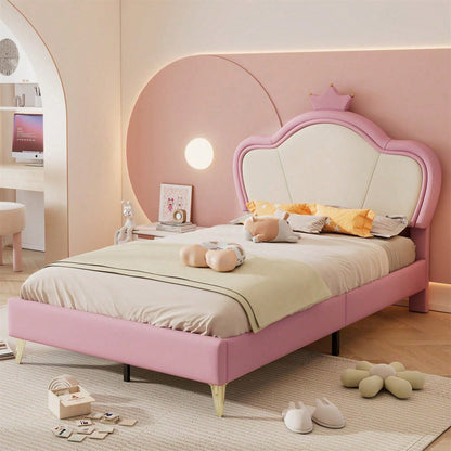 Polsterbett, Kinderbett, mit weichen Schutzkanten, Kopfteil mit Krone, Bettfüße aus Metall, Elegantes gepolstertes Kopfteilprofil, Einzelbett, PU, Rosa+Weiß, 90x200cm