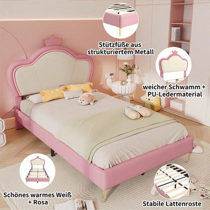 Polsterbett, Kinderbett, mit weichen Schutzkanten, Kopfteil mit Krone, Bettfüße aus Metall, Elegantes gepolstertes Kopfteilprofil, Einzelbett, PU, Rosa+Weiß, 90x200cm