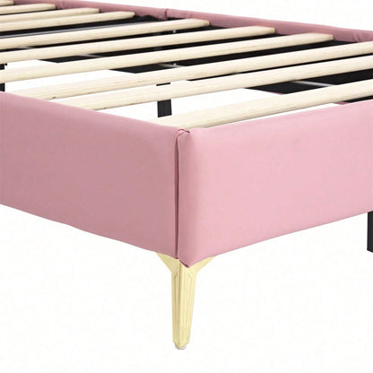 Polsterbett, Kinderbett, mit weichen Schutzkanten, Kopfteil mit Krone, Bettfüße aus Metall, Elegantes gepolstertes Kopfteilprofil, Einzelbett, PU, Rosa+Weiß, 90x200cm
