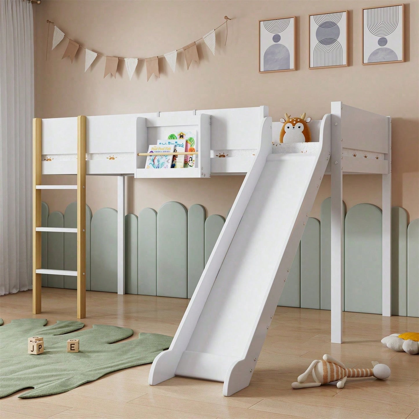Hochbett, Etagenbett mit dreistufiger gerader Leiter, Kinderbett, Jugendbett mit Rutsche, mit abnehmbarem Regal, Kiefer+MDF, Weiß+Natur, 90x200cm