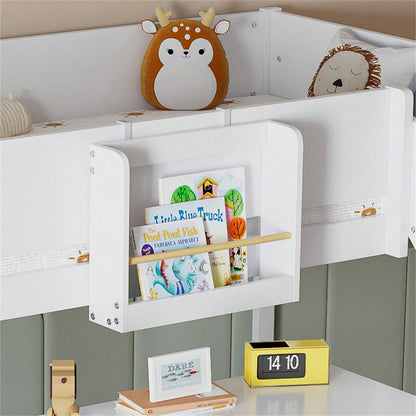 Hochbett, Etagenbett mit dreistufiger gerader Leiter, Kinderbett, Jugendbett mit Rutsche, mit abnehmbarem Regal, Kiefer+MDF, Weiß+Natur, 90x200cm