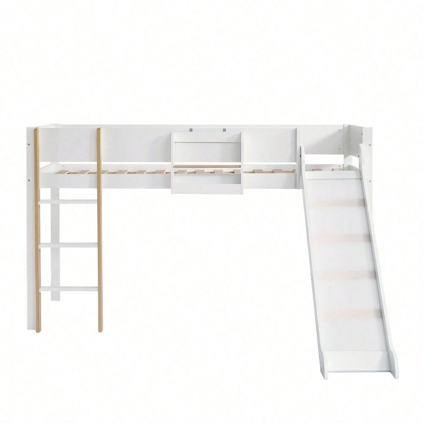 Hochbett, Etagenbett mit dreistufiger gerader Leiter, Kinderbett, Jugendbett mit Rutsche, mit abnehmbarem Regal, Kiefer+MDF, Weiß+Natur, 90x200cm