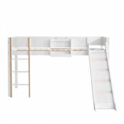 Hochbett, Etagenbett mit dreistufiger gerader Leiter, Kinderbett, Jugendbett mit Rutsche, mit abnehmbarem Regal, Kiefer+MDF, Weiß+Natur, 90x200cm