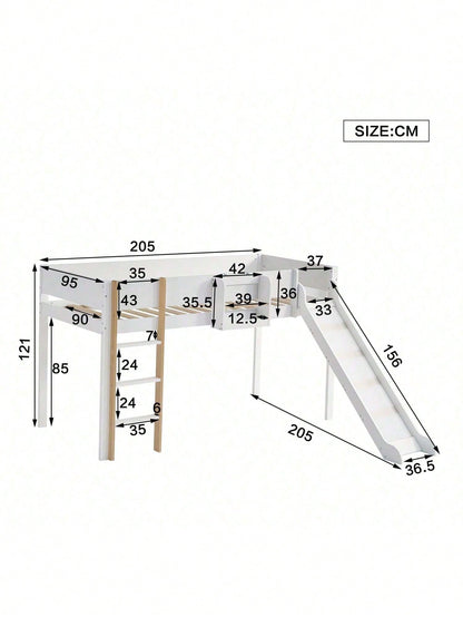 Hochbett, Etagenbett mit dreistufiger gerader Leiter, Kinderbett, Jugendbett mit Rutsche, mit abnehmbarem Regal, Kiefer+MDF, Weiß+Natur, 90x200cm