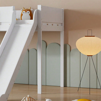 Hochbett, Etagenbett mit dreistufiger gerader Leiter, Kinderbett, Jugendbett mit Rutsche, mit abnehmbarem Regal, Kiefer+MDF, Weiß+Natur, 90x200cm