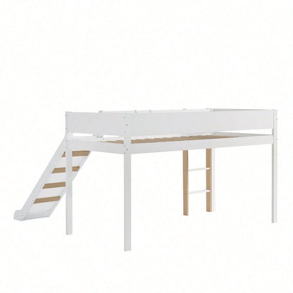 Hochbett, Etagenbett mit dreistufiger gerader Leiter, Kinderbett, Jugendbett mit Rutsche, mit abnehmbarem Regal, Kiefer+MDF, Weiß+Natur, 90x200cm
