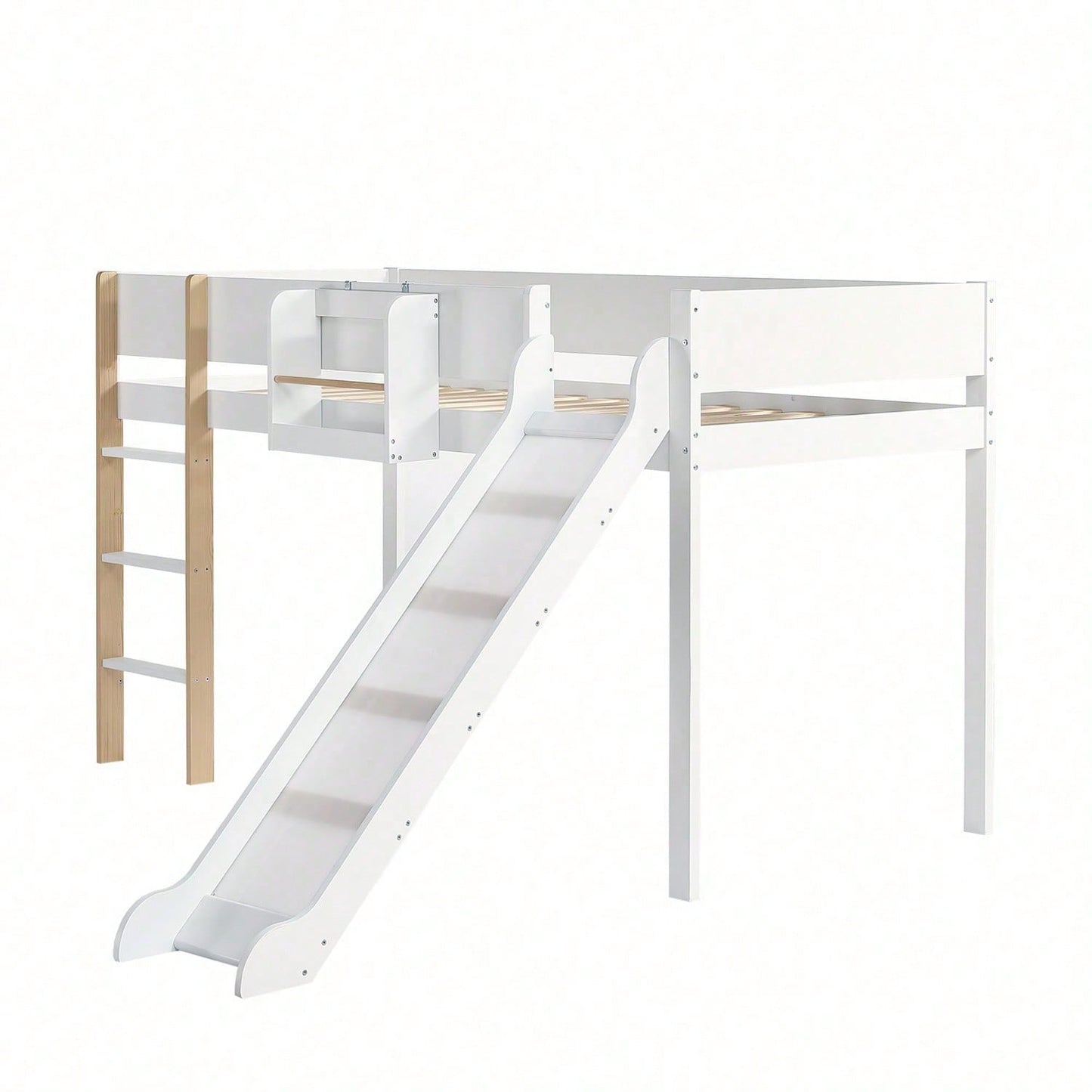 Hochbett, Etagenbett mit dreistufiger gerader Leiter, Kinderbett, Jugendbett mit Rutsche, mit abnehmbarem Regal, Kiefer+MDF, Weiß+Natur, 90x200cm