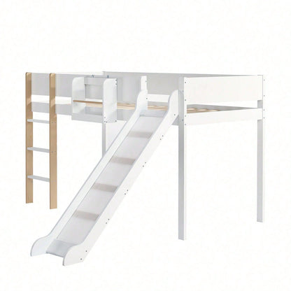 Hochbett, Etagenbett mit dreistufiger gerader Leiter, Kinderbett, Jugendbett mit Rutsche, mit abnehmbarem Regal, Kiefer+MDF, Weiß+Natur, 90x200cm