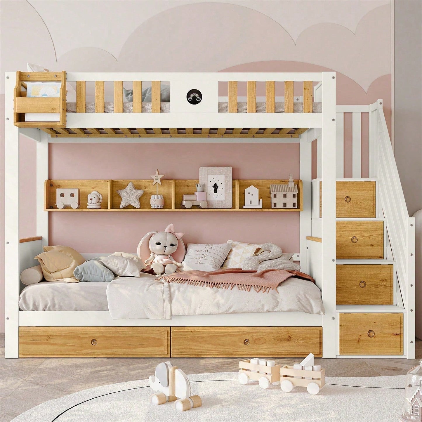 Etagenbett, Reichlich Stauraum, Rahmen aus Kiefernholz und MDF, Kinderbett mit 4 Schließfächer in der Treppe, mit Fallschutzgitter und 2 Schubladen, Offenes Regal, Weiß+Natur, 90x200cm