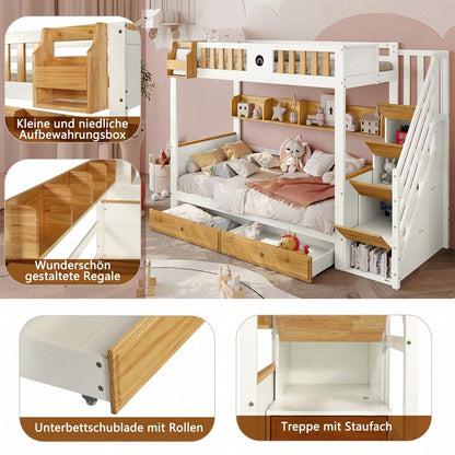 Etagenbett, Reichlich Stauraum, Rahmen aus Kiefernholz und MDF, Kinderbett mit 4 Schließfächer in der Treppe, mit Fallschutzgitter und 2 Schubladen, Offenes Regal, Weiß+Natur, 90x200cm