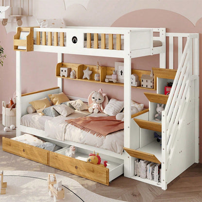Etagenbett, Reichlich Stauraum, Rahmen aus Kiefernholz und MDF, Kinderbett mit 4 Schließfächer in der Treppe, mit Fallschutzgitter und 2 Schubladen, Offenes Regal, Weiß+Natur, 90x200cm