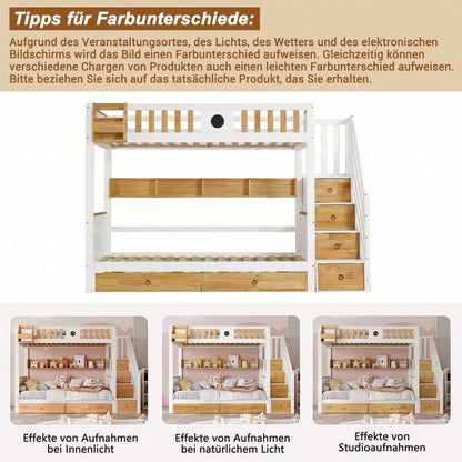 Etagenbett, Reichlich Stauraum, Rahmen aus Kiefernholz und MDF, Kinderbett mit 4 Schließfächer in der Treppe, mit Fallschutzgitter und 2 Schubladen, Offenes Regal, Weiß+Natur, 90x200cm