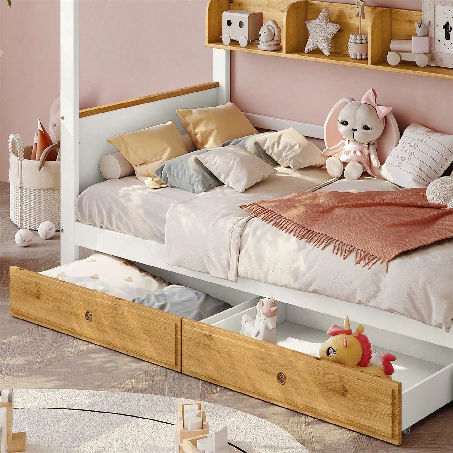 Etagenbett, Reichlich Stauraum, Rahmen aus Kiefernholz und MDF, Kinderbett mit 4 Schließfächer in der Treppe, mit Fallschutzgitter und 2 Schubladen, Offenes Regal, Weiß+Natur, 90x200cm
