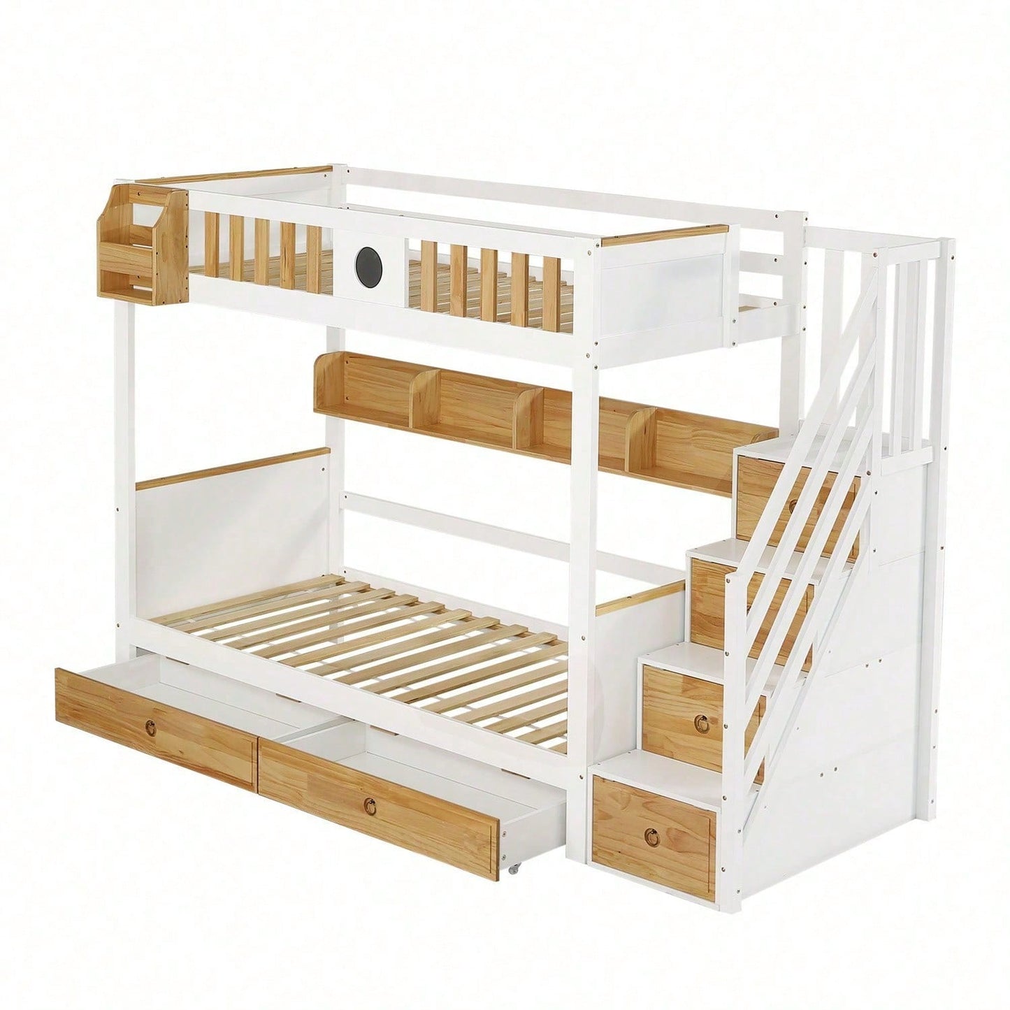 Etagenbett, Reichlich Stauraum, Rahmen aus Kiefernholz und MDF, Kinderbett mit 4 Schließfächer in der Treppe, mit Fallschutzgitter und 2 Schubladen, Offenes Regal, Weiß+Natur, 90x200cm