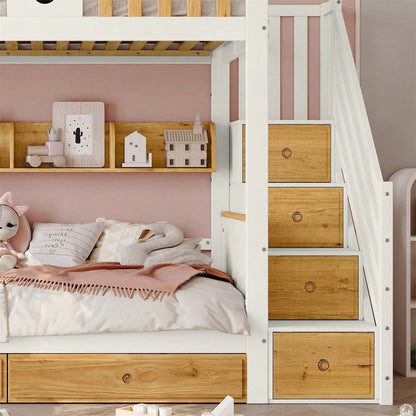 Etagenbett, Reichlich Stauraum, Rahmen aus Kiefernholz und MDF, Kinderbett mit 4 Schließfächer in der Treppe, mit Fallschutzgitter und 2 Schubladen, Offenes Regal, Weiß+Natur, 90x200cm