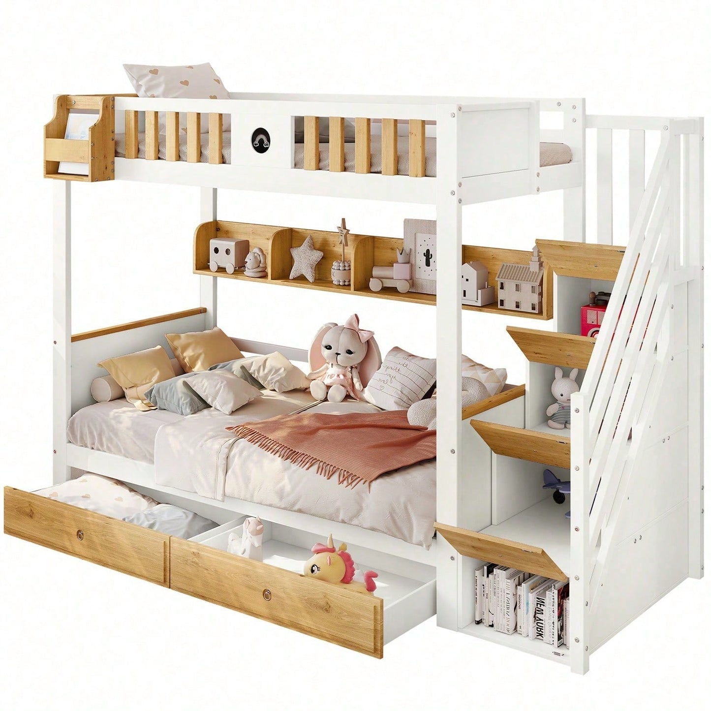 Etagenbett, Reichlich Stauraum, Rahmen aus Kiefernholz und MDF, Kinderbett mit 4 Schließfächer in der Treppe, mit Fallschutzgitter und 2 Schubladen, Offenes Regal, Weiß+Natur, 90x200cm