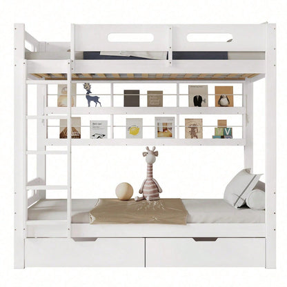 Etagenbett, Kinderbett mit Fallschutzgitter, Zwei Schubladen auf Rollen, Offenes Regal, Fünfstufige Leiter, Reichlich Stauraum, Kiefer+MDF, Weiß, 90x200cm