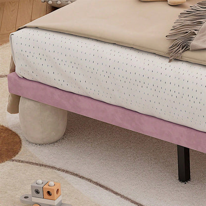 Polsterbett mit mehrfarbigen, wechselnden Lichtstreifen, Kopfteil mit Wellenschliff, mit gepolsterter runden Beine, Kinderbett, Jugendbett mit Holzlatten, Doppelbett, Samt, Beige+Rosa, 140x200cm