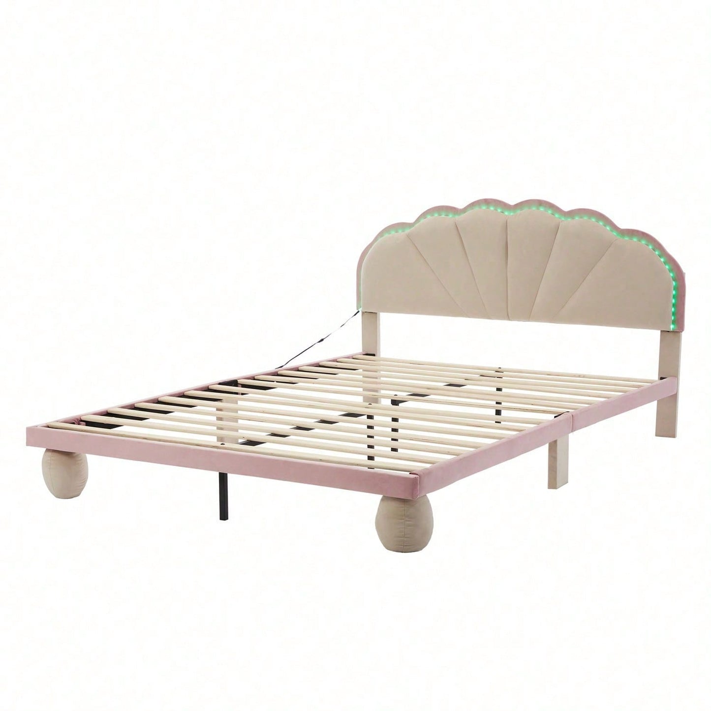 Polsterbett mit mehrfarbigen, wechselnden Lichtstreifen, Kopfteil mit Wellenschliff, mit gepolsterter runden Beine, Kinderbett, Jugendbett mit Holzlatten, Doppelbett, Samt, Beige+Rosa, 140x200cm