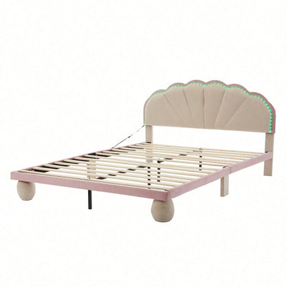 Polsterbett mit mehrfarbigen, wechselnden Lichtstreifen, Kopfteil mit Wellenschliff, mit gepolsterter runden Beine, Kinderbett, Jugendbett mit Holzlatten, Doppelbett, Samt, Beige+Rosa, 140x200cm