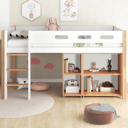 Etagenbett mit Stauraum und beweglichem Schrank, Hochbett mit dreistufiger rechtwinkliger Treppe, Bettrahmen aus Massivholz, mit Absturzsicherung, Kiefer+MDF, Natur+Weiß, 90x200 cm