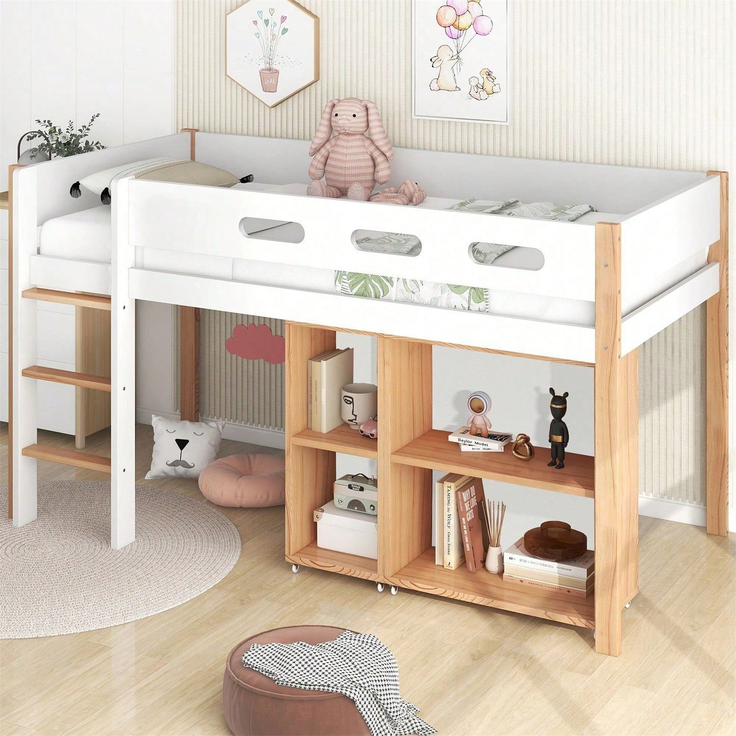Etagenbett mit Stauraum und beweglichem Schrank, Hochbett mit dreistufiger rechtwinkliger Treppe, Bettrahmen aus Massivholz, mit Absturzsicherung, Kiefer+MDF, Natur+Weiß, 90x200 cm