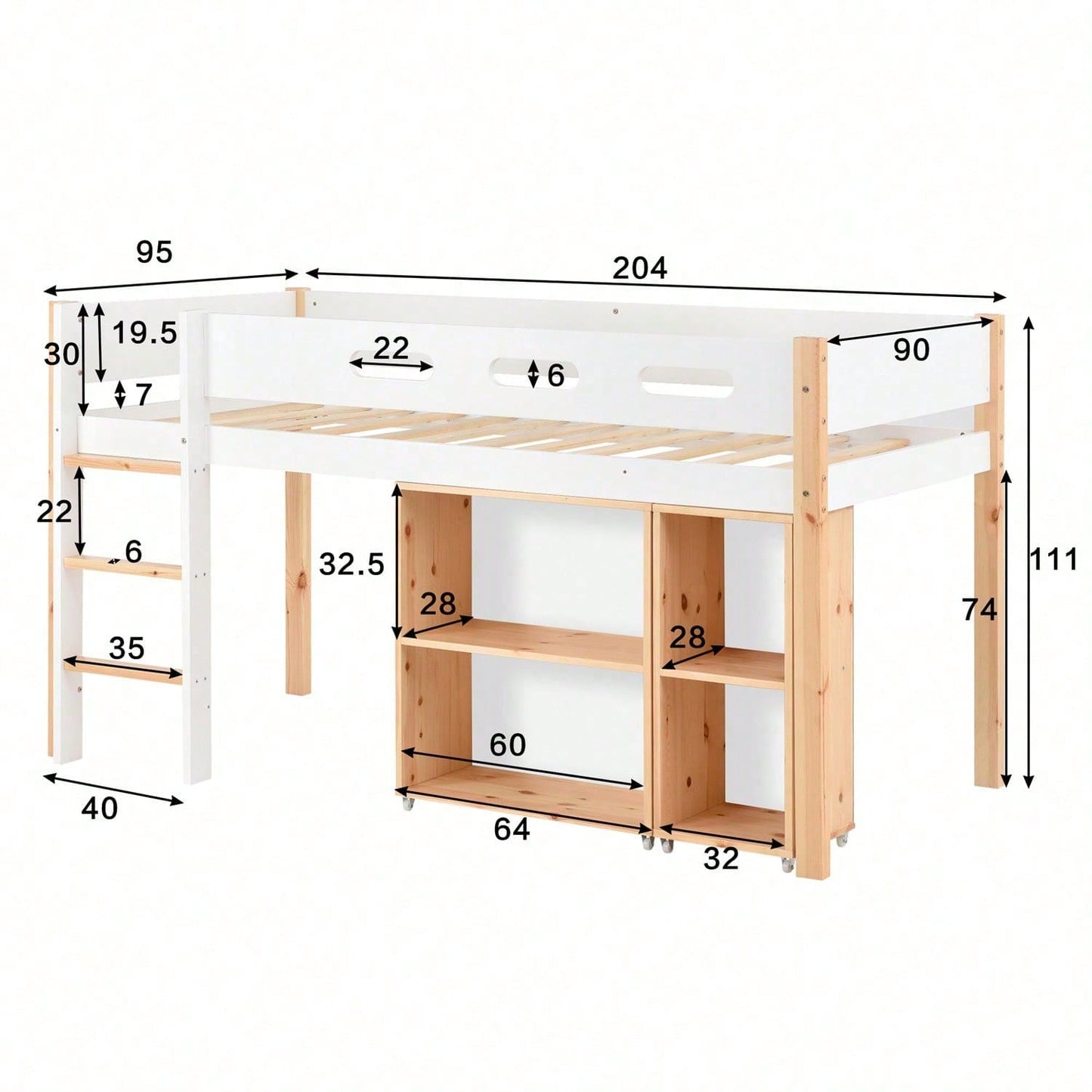Etagenbett mit Stauraum und beweglichem Schrank, Hochbett mit dreistufiger rechtwinkliger Treppe, Bettrahmen aus Massivholz, mit Absturzsicherung, Kiefer+MDF, Natur+Weiß, 90x200 cm