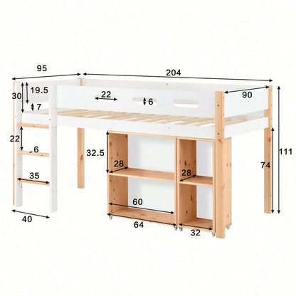 Etagenbett mit Stauraum und beweglichem Schrank, Hochbett mit dreistufiger rechtwinkliger Treppe, Bettrahmen aus Massivholz, mit Absturzsicherung, Kiefer+MDF, Natur+Weiß, 90x200 cm