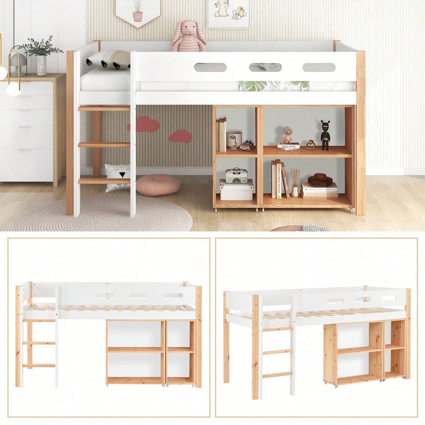 Etagenbett mit Stauraum und beweglichem Schrank, Hochbett mit dreistufiger rechtwinkliger Treppe, Bettrahmen aus Massivholz, mit Absturzsicherung, Kiefer+MDF, Natur+Weiß, 90x200 cm