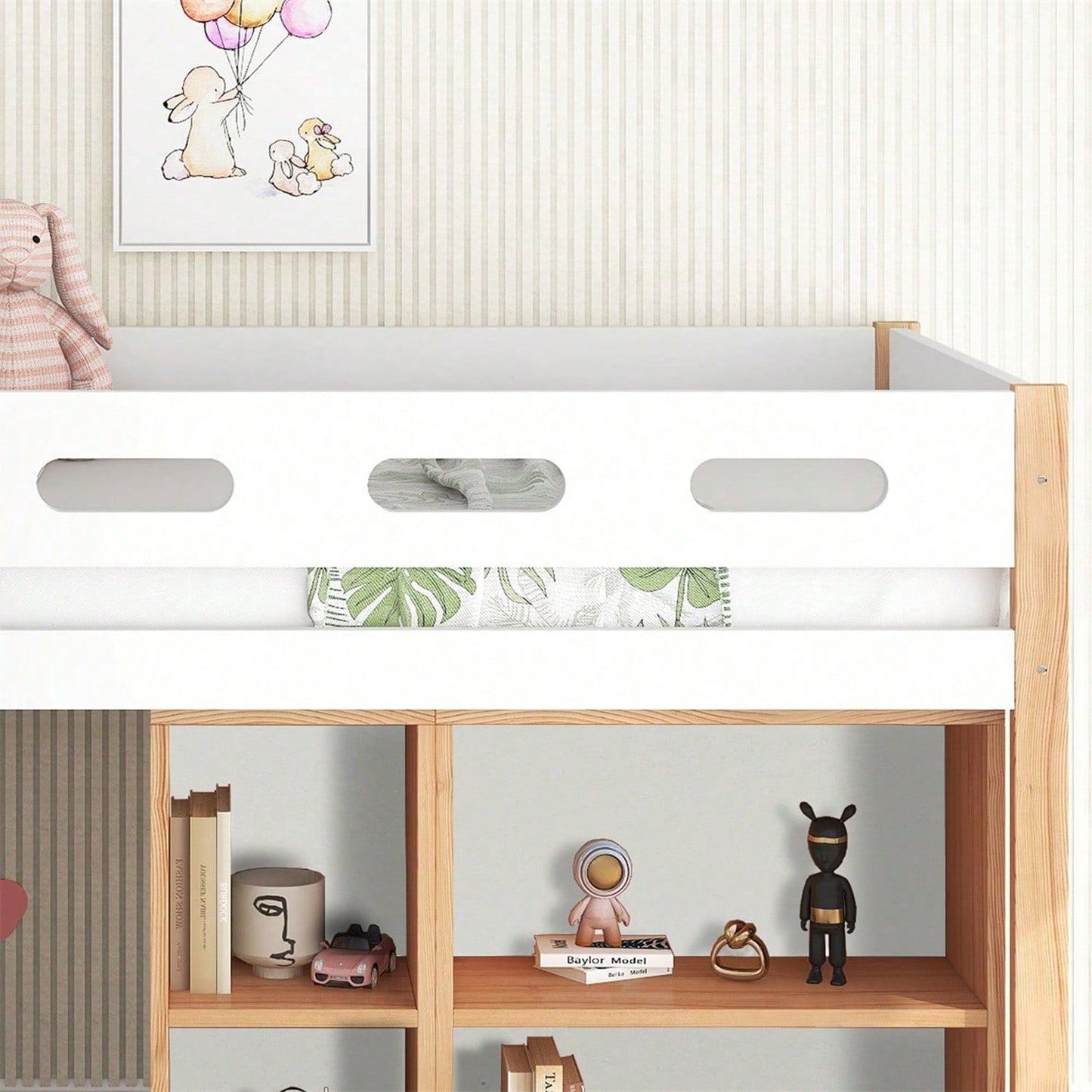 Etagenbett mit Stauraum und beweglichem Schrank, Hochbett mit dreistufiger rechtwinkliger Treppe, Bettrahmen aus Massivholz, mit Absturzsicherung, Kiefer+MDF, Natur+Weiß, 90x200 cm