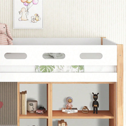 Etagenbett mit Stauraum und beweglichem Schrank, Hochbett mit dreistufiger rechtwinkliger Treppe, Bettrahmen aus Massivholz, mit Absturzsicherung, Kiefer+MDF, Natur+Weiß, 90x200 cm