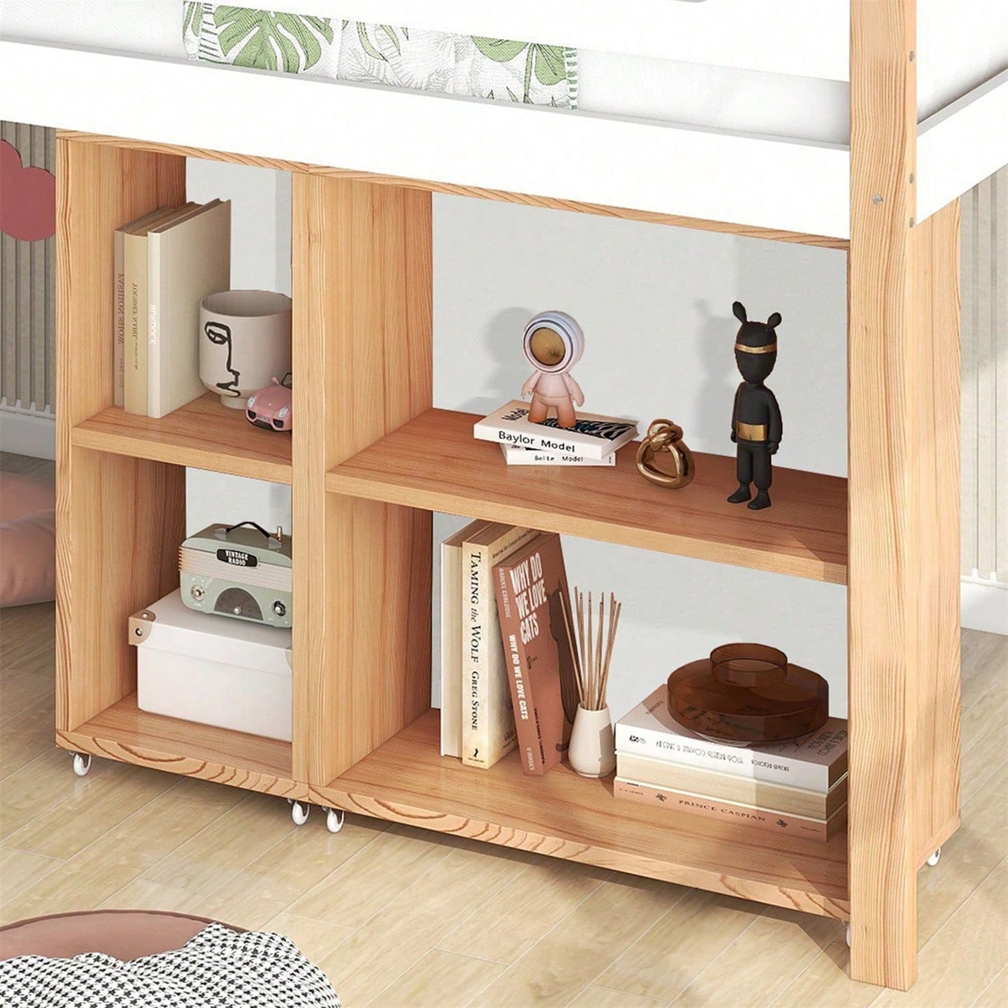 Etagenbett mit Stauraum und beweglichem Schrank, Hochbett mit dreistufiger rechtwinkliger Treppe, Bettrahmen aus Massivholz, mit Absturzsicherung, Kiefer+MDF, Natur+Weiß, 90x200 cm