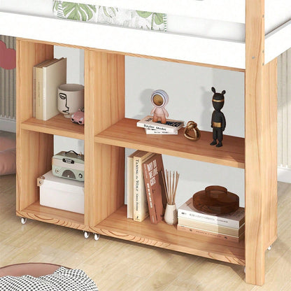 Etagenbett mit Stauraum und beweglichem Schrank, Hochbett mit dreistufiger rechtwinkliger Treppe, Bettrahmen aus Massivholz, mit Absturzsicherung, Kiefer+MDF, Natur+Weiß, 90x200 cm