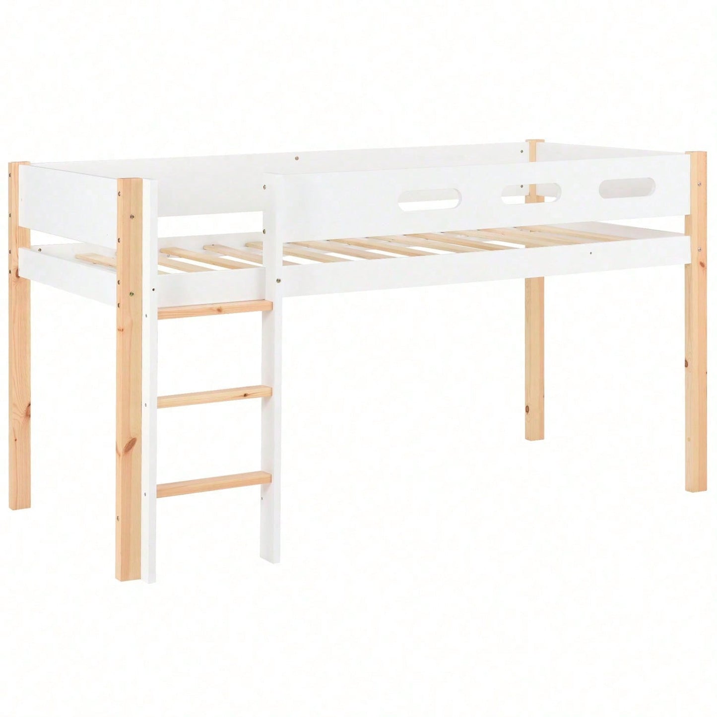 Etagenbett mit Stauraum und beweglichem Schrank, Hochbett mit dreistufiger rechtwinkliger Treppe, Bettrahmen aus Massivholz, mit Absturzsicherung, Kiefer+MDF, Natur+Weiß, 90x200 cm