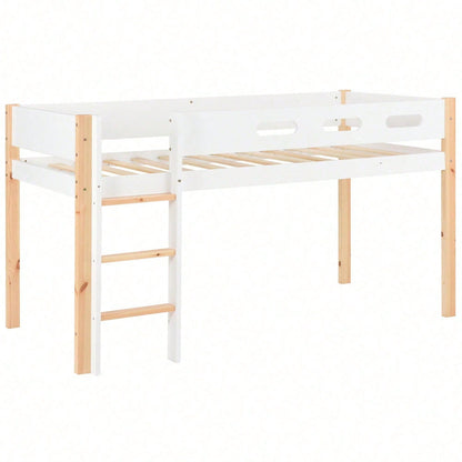 Etagenbett mit Stauraum und beweglichem Schrank, Hochbett mit dreistufiger rechtwinkliger Treppe, Bettrahmen aus Massivholz, mit Absturzsicherung, Kiefer+MDF, Natur+Weiß, 90x200 cm