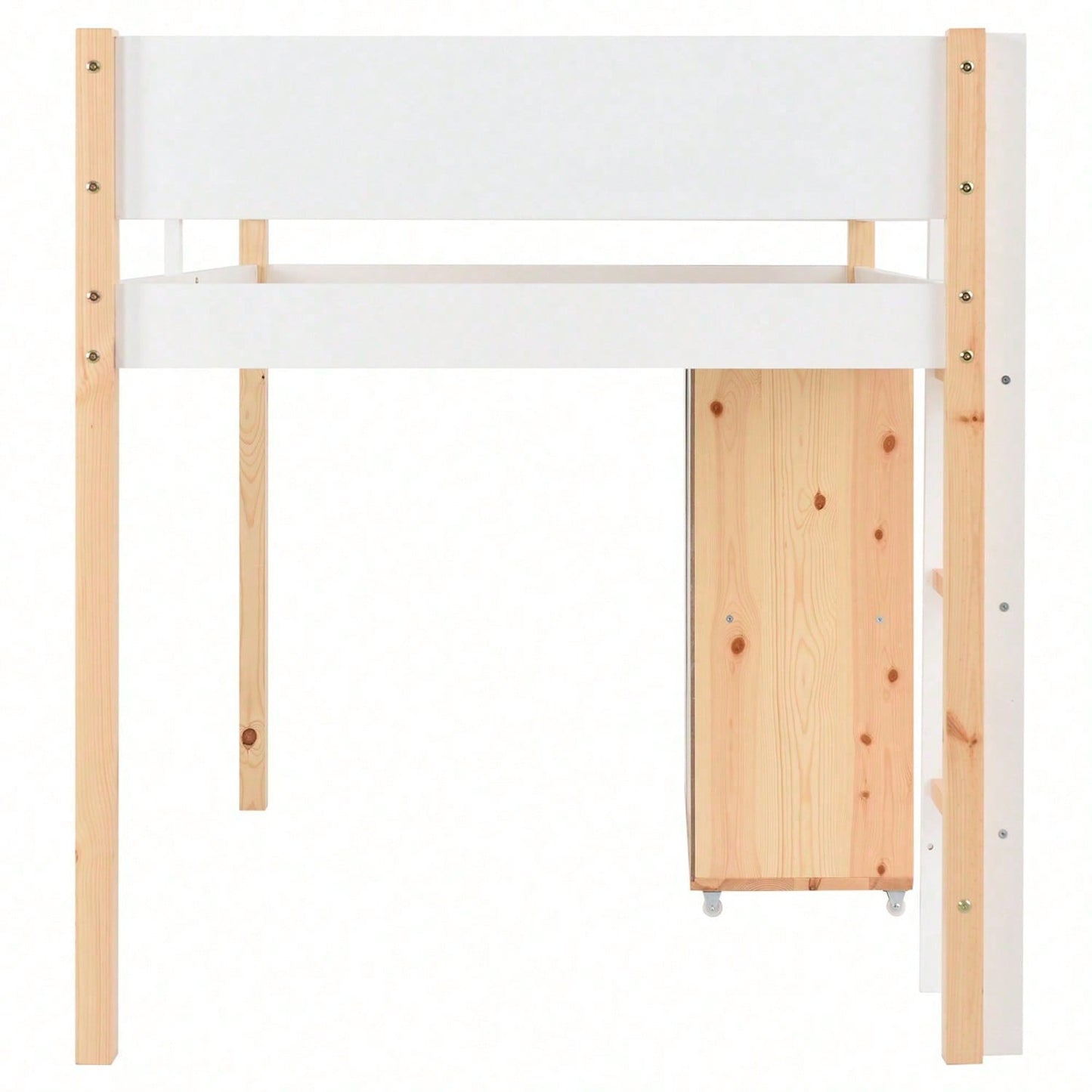 Etagenbett mit Stauraum und beweglichem Schrank, Hochbett mit dreistufiger rechtwinkliger Treppe, Bettrahmen aus Massivholz, mit Absturzsicherung, Kiefer+MDF, Natur+Weiß, 90x200 cm