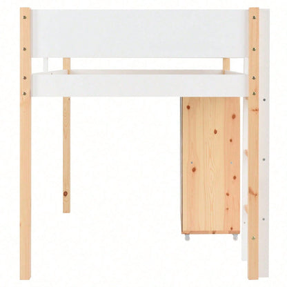 Etagenbett mit Stauraum und beweglichem Schrank, Hochbett mit dreistufiger rechtwinkliger Treppe, Bettrahmen aus Massivholz, mit Absturzsicherung, Kiefer+MDF, Natur+Weiß, 90x200 cm