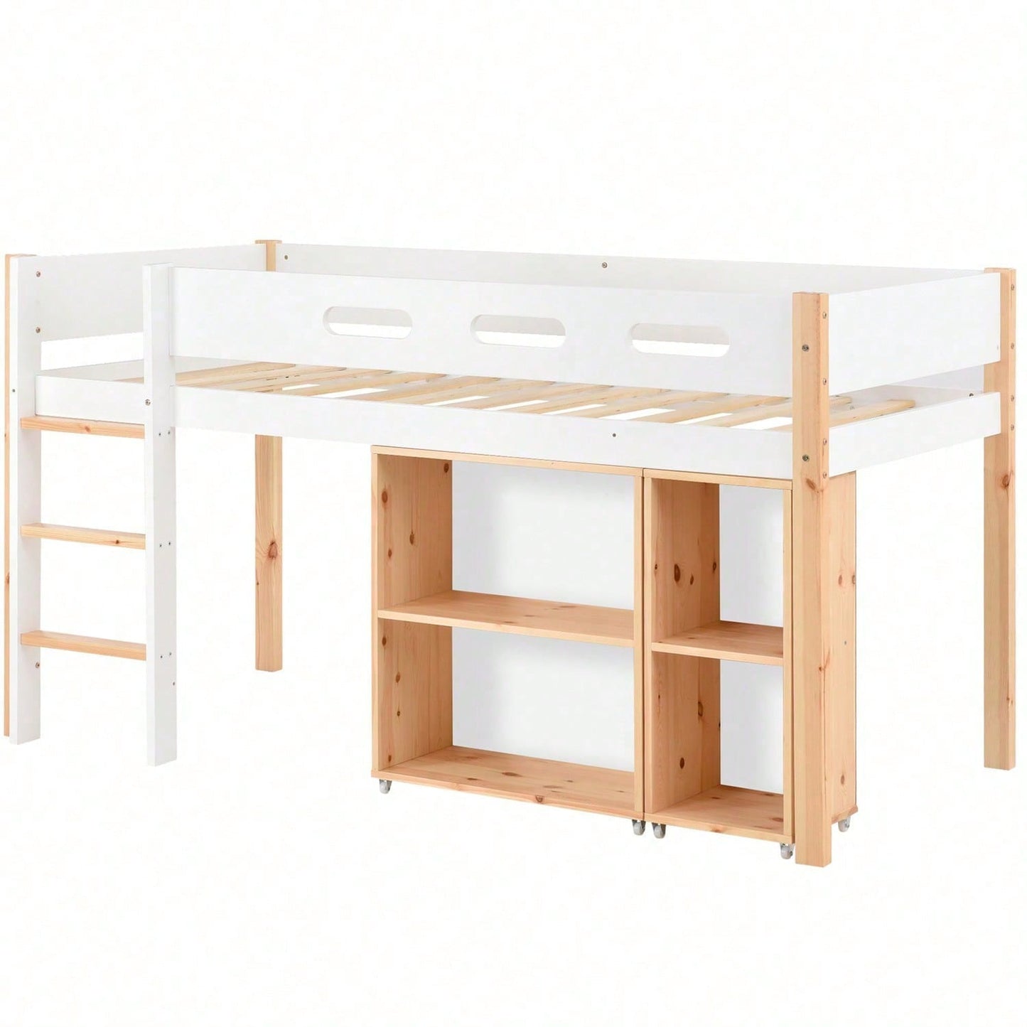 Etagenbett mit Stauraum und beweglichem Schrank, Hochbett mit dreistufiger rechtwinkliger Treppe, Bettrahmen aus Massivholz, mit Absturzsicherung, Kiefer+MDF, Natur+Weiß, 90x200 cm