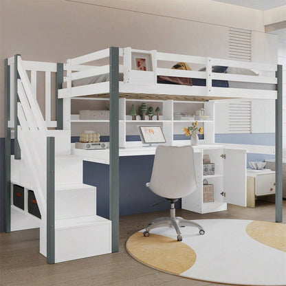 Halbhohes Bett, Mit Stoff-Aufbewahrungsbox, Reichlich Stauraum, Mit seitlicher Leiter, Offenes Regal, Jugendbett mit Schreibtisch und Schließfächern, Kiefer+MDF, Weiß+Grau, 90x200cm