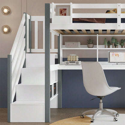 Halbhohes Bett, Mit Stoff-Aufbewahrungsbox, Reichlich Stauraum, Mit seitlicher Leiter, Offenes Regal, Jugendbett mit Schreibtisch und Schließfächern, Kiefer+MDF, Weiß+Grau, 90x200cm