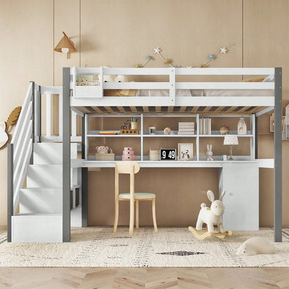 Halbhohes Bett, Mit Stoff-Aufbewahrungsbox, Reichlich Stauraum, Mit seitlicher Leiter, Offenes Regal, Jugendbett mit Schreibtisch und Schließfächern, Kiefer+MDF, Weiß+Grau, 90x200cm