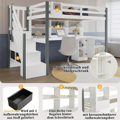 Halbhohes Bett, Mit Stoff-Aufbewahrungsbox, Reichlich Stauraum, Mit seitlicher Leiter, Offenes Regal, Jugendbett mit Schreibtisch und Schließfächern, Kiefer+MDF, Weiß+Grau, 90x200cm