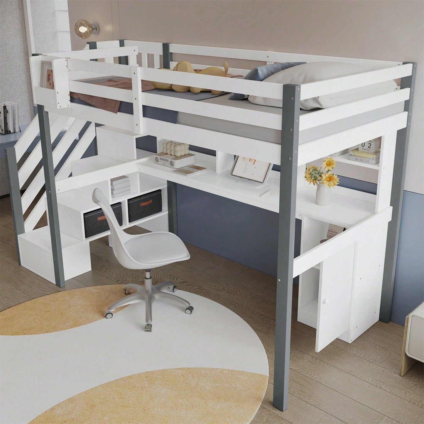 Halbhohes Bett, Mit Stoff-Aufbewahrungsbox, Reichlich Stauraum, Mit seitlicher Leiter, Offenes Regal, Jugendbett mit Schreibtisch und Schließfächern, Kiefer+MDF, Weiß+Grau, 90x200cm
