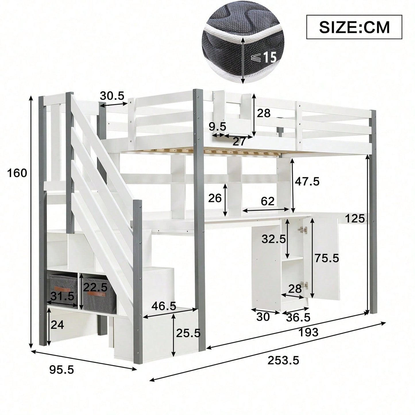 Halbhohes Bett, Mit Stoff-Aufbewahrungsbox, Reichlich Stauraum, Mit seitlicher Leiter, Offenes Regal, Jugendbett mit Schreibtisch und Schließfächern, Kiefer+MDF, Weiß+Grau, 90x200cm