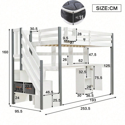 Halbhohes Bett, Mit Stoff-Aufbewahrungsbox, Reichlich Stauraum, Mit seitlicher Leiter, Offenes Regal, Jugendbett mit Schreibtisch und Schließfächern, Kiefer+MDF, Weiß+Grau, 90x200cm