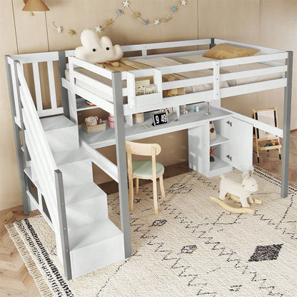 Halbhohes Bett, Mit Stoff-Aufbewahrungsbox, Reichlich Stauraum, Mit seitlicher Leiter, Offenes Regal, Jugendbett mit Schreibtisch und Schließfächern, Kiefer+MDF, Weiß+Grau, 90x200cm