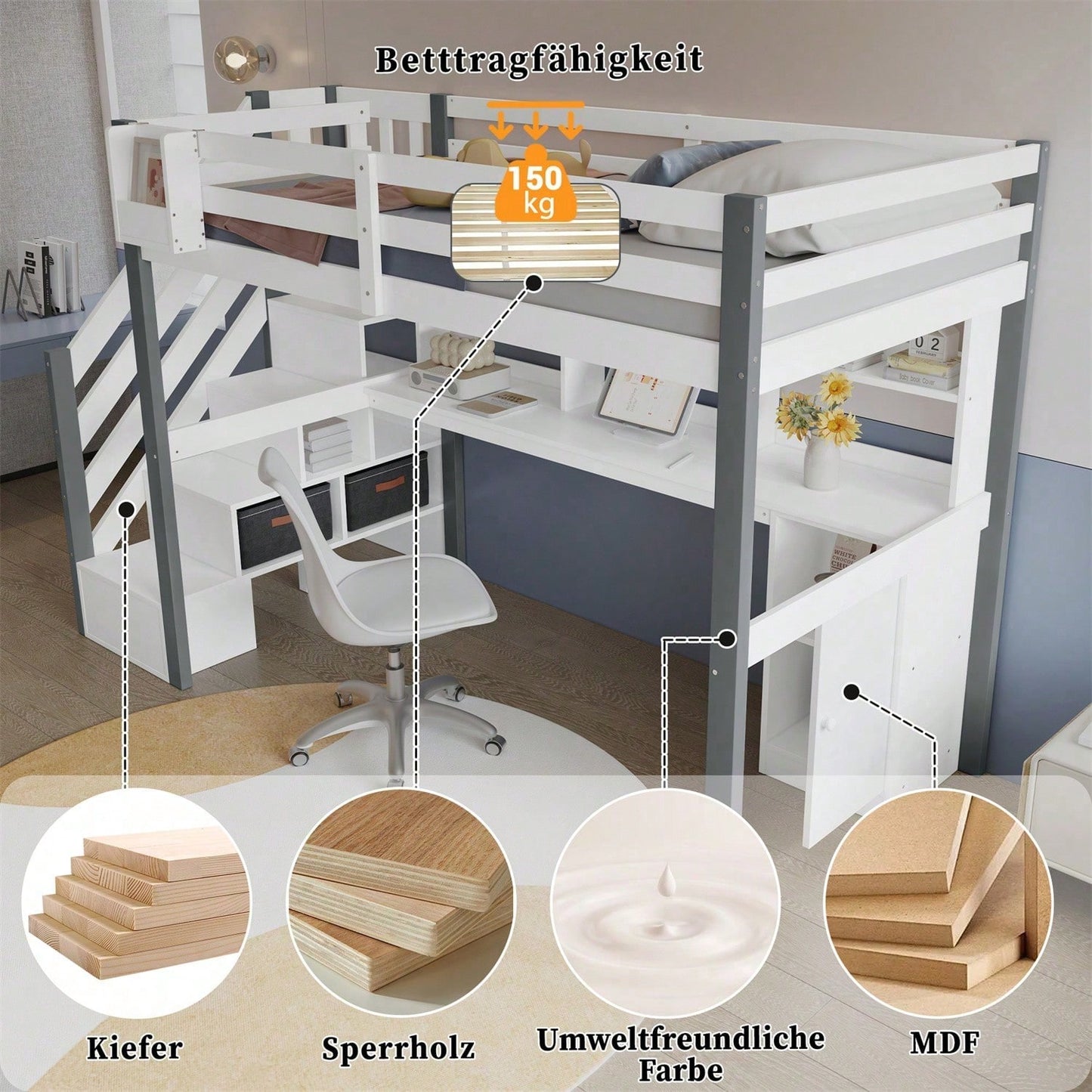 Halbhohes Bett, Mit Stoff-Aufbewahrungsbox, Reichlich Stauraum, Mit seitlicher Leiter, Offenes Regal, Jugendbett mit Schreibtisch und Schließfächern, Kiefer+MDF, Weiß+Grau, 90x200cm