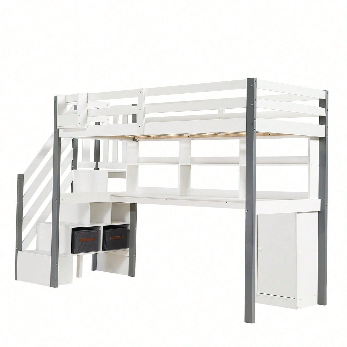 Halbhohes Bett, Mit Stoff-Aufbewahrungsbox, Reichlich Stauraum, Mit seitlicher Leiter, Offenes Regal, Jugendbett mit Schreibtisch und Schließfächern, Kiefer+MDF, Weiß+Grau, 90x200cm